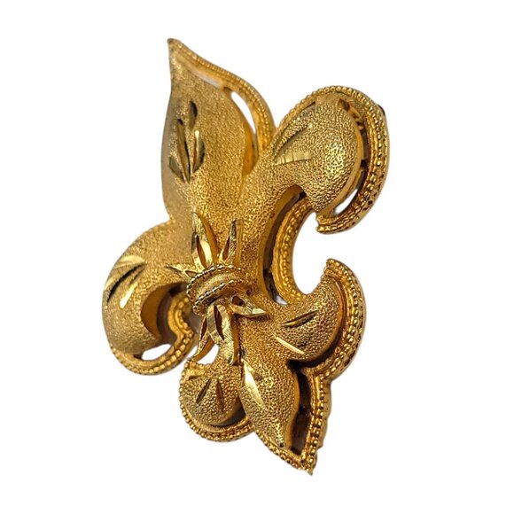 Vintage Signed CFW Gold Tone Fleur-De-Lis Brooch Pin Charles F Worth Statement - Picture 6 of 9